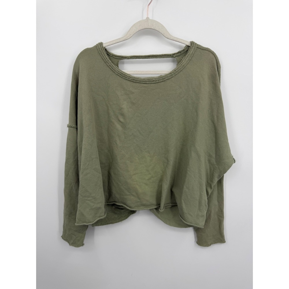 Aerie Twisted Back Cropped Sweatshirt Womens S Green Raw Hem French Terry Cotton